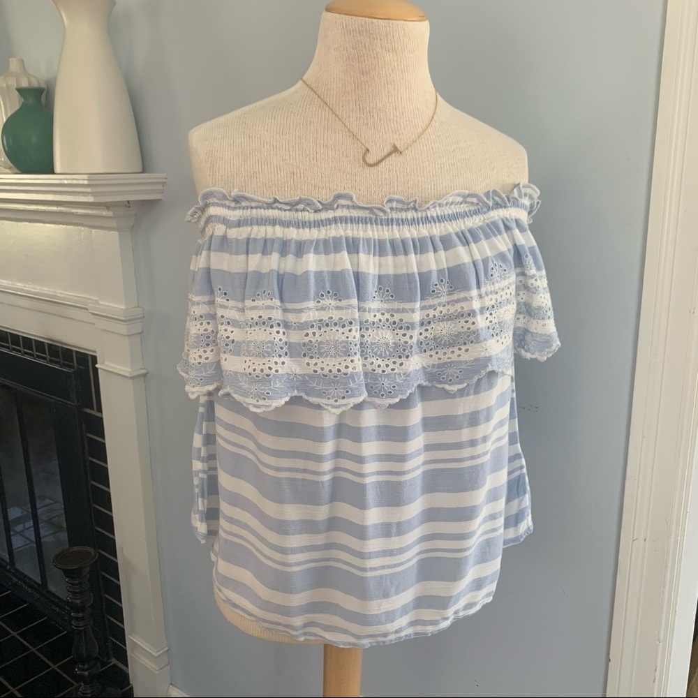 AEO off shoulder eyelet scallop ruffle blue stripe - Picture 6 of 15